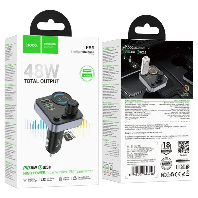 E86 Alegria 48W Dual Port Car Charger | 30W PD + QC3.0 | Bluetooth 5.4 FM Transmitter